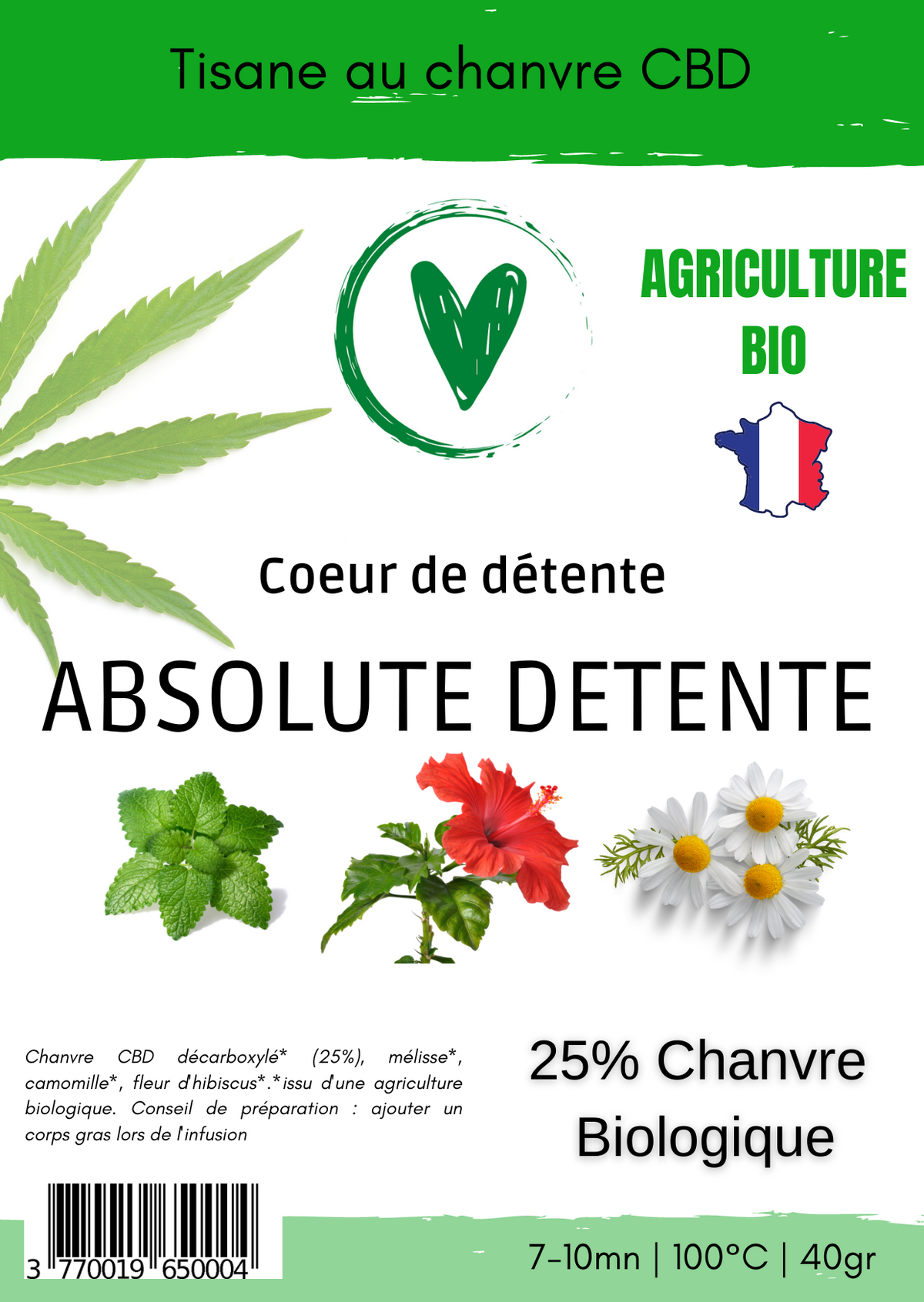 Infusion Tisane de plantes BIO au chanvre CBD 25% | ABSOLUTE DETENTE