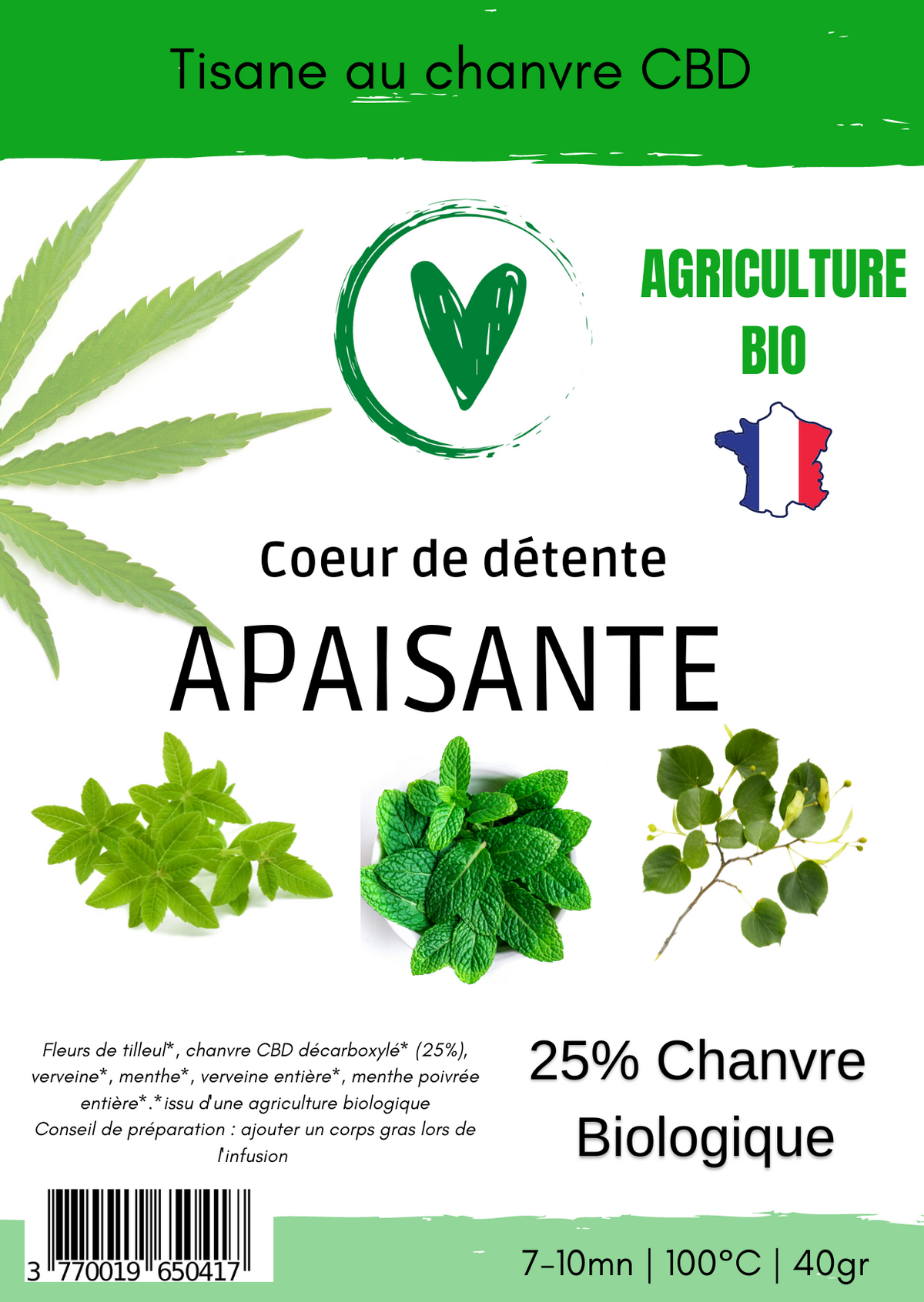 Infusion Tisane de plantes BIO au chanvre CBD 25% | APAISANTE