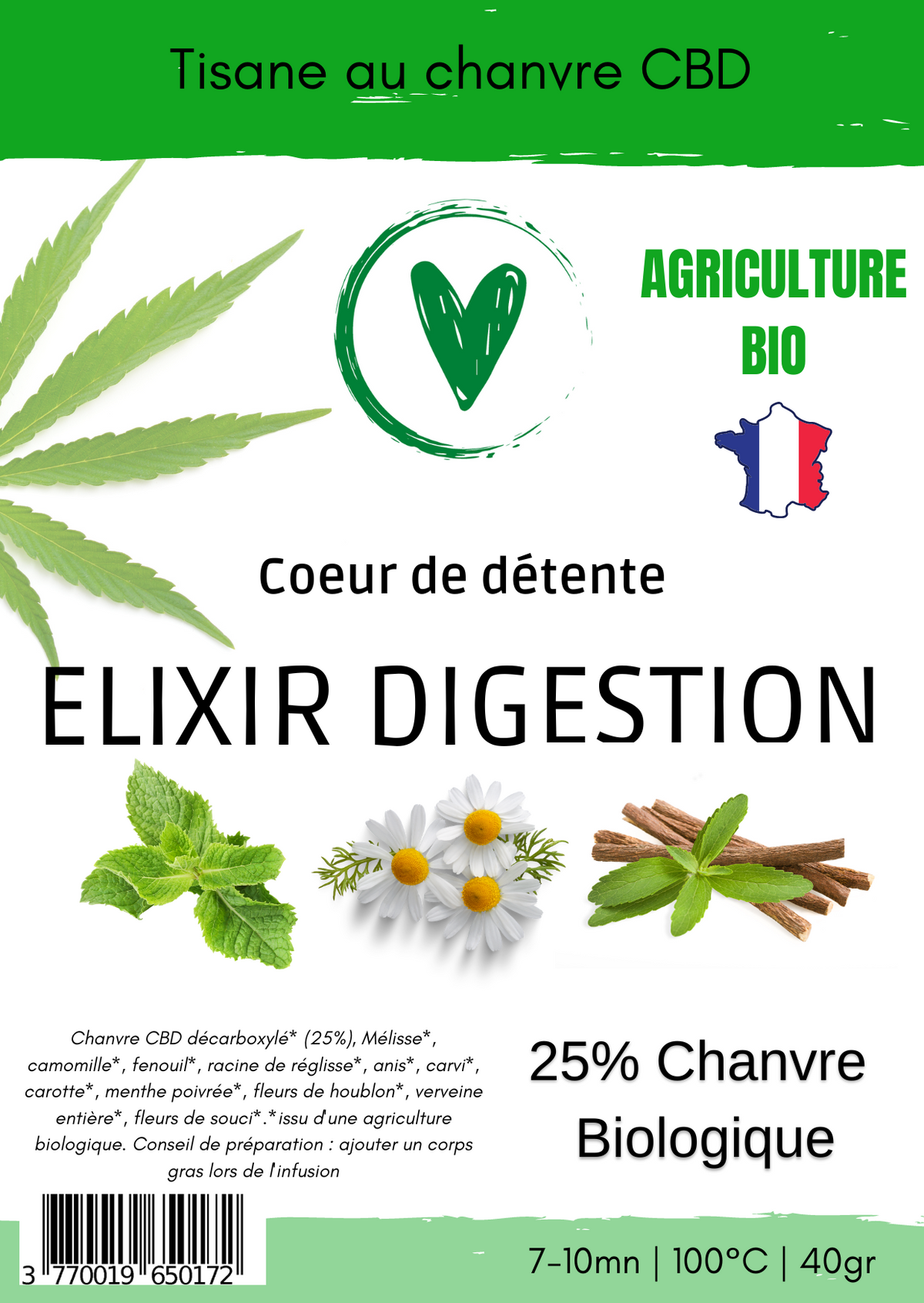Infusion Tisane de plantes Bio au chanvre CBD 25% | ELIXIR DIGESTION