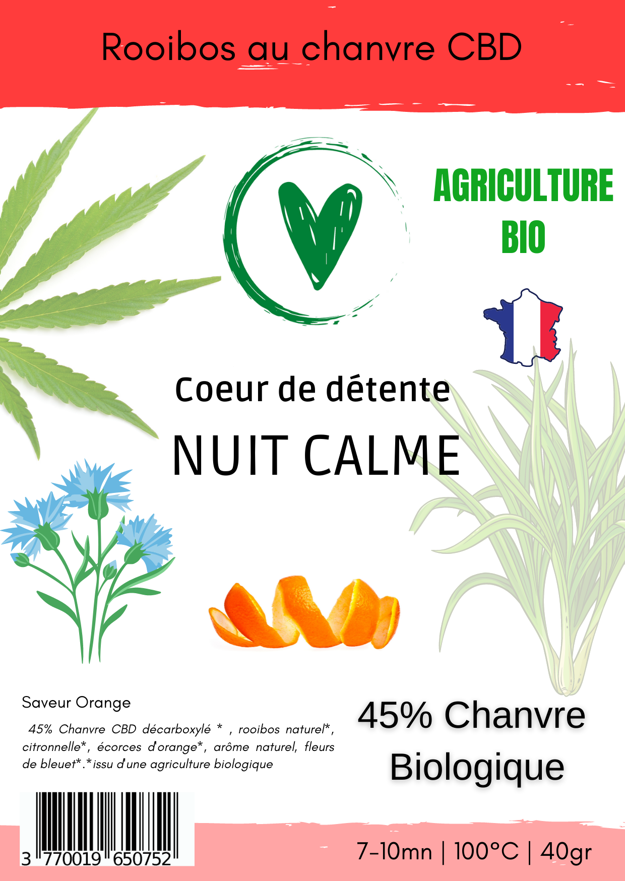 Infusion Rooibos BIO au chanvre CBD 45% | NUIT CALME