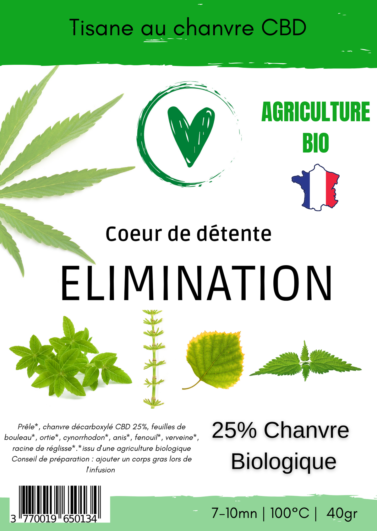 Infusion Tisane de plantes BIO au chanvre CBD 25% | ELIMINATION