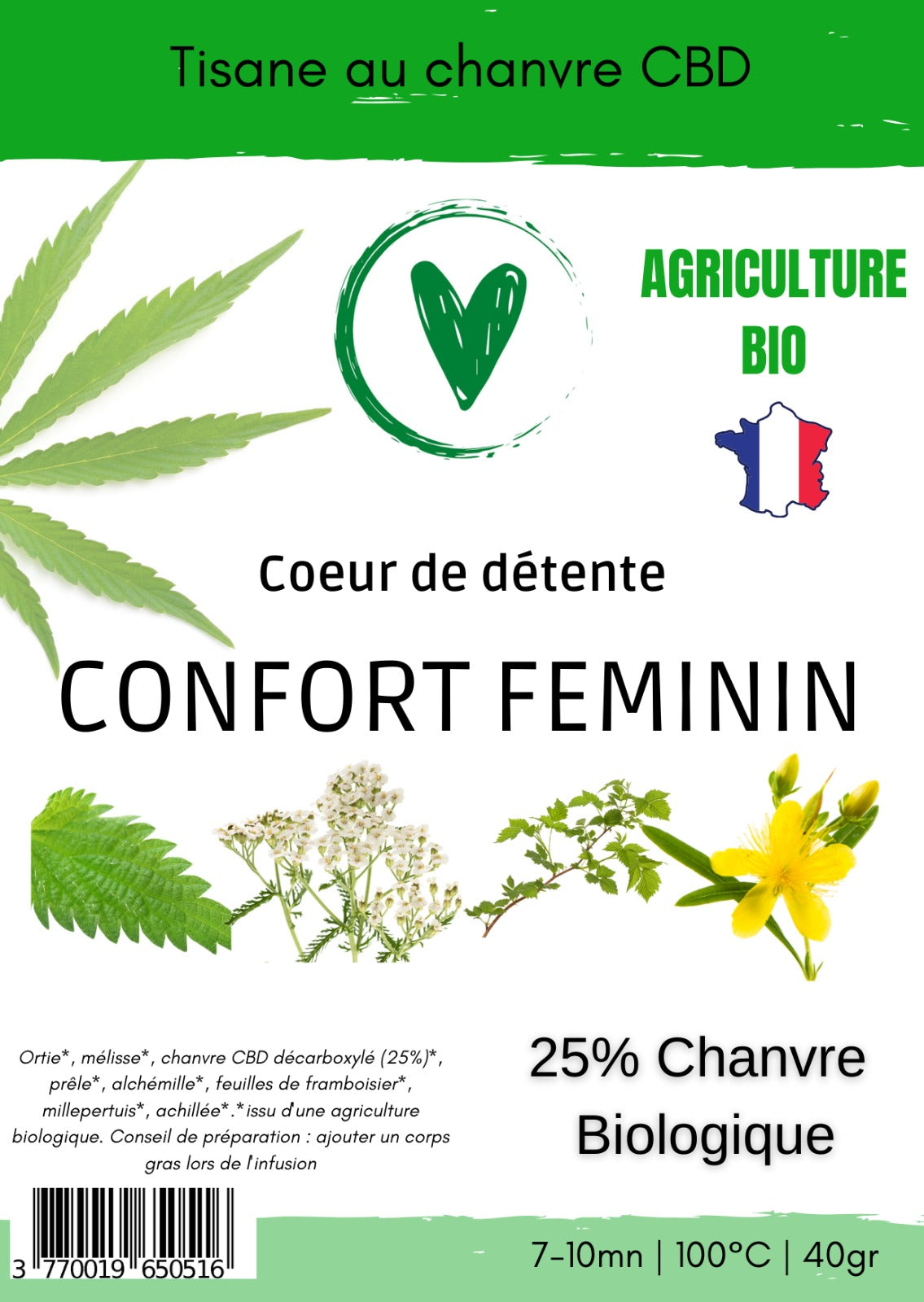 Infusion Tisane de plantes BIO au chanvre CBD 25% | CONFORT FEMININ