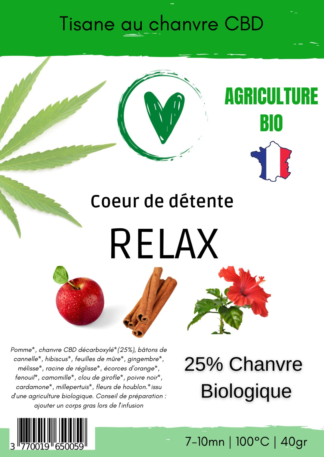 Infusion Tisane de plantes BIO au chanvre CBD 25% | RELAX