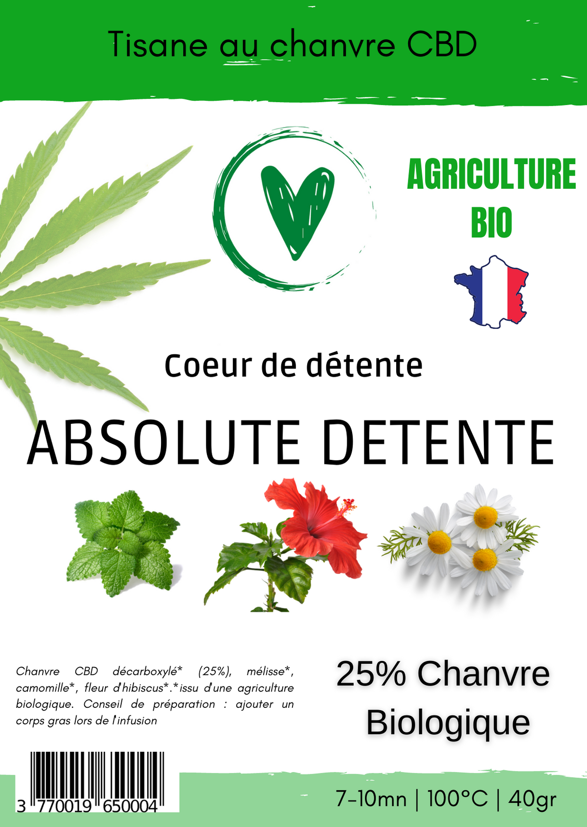 Infusion Tisane de plantes BIO au chanvre CBD 25%