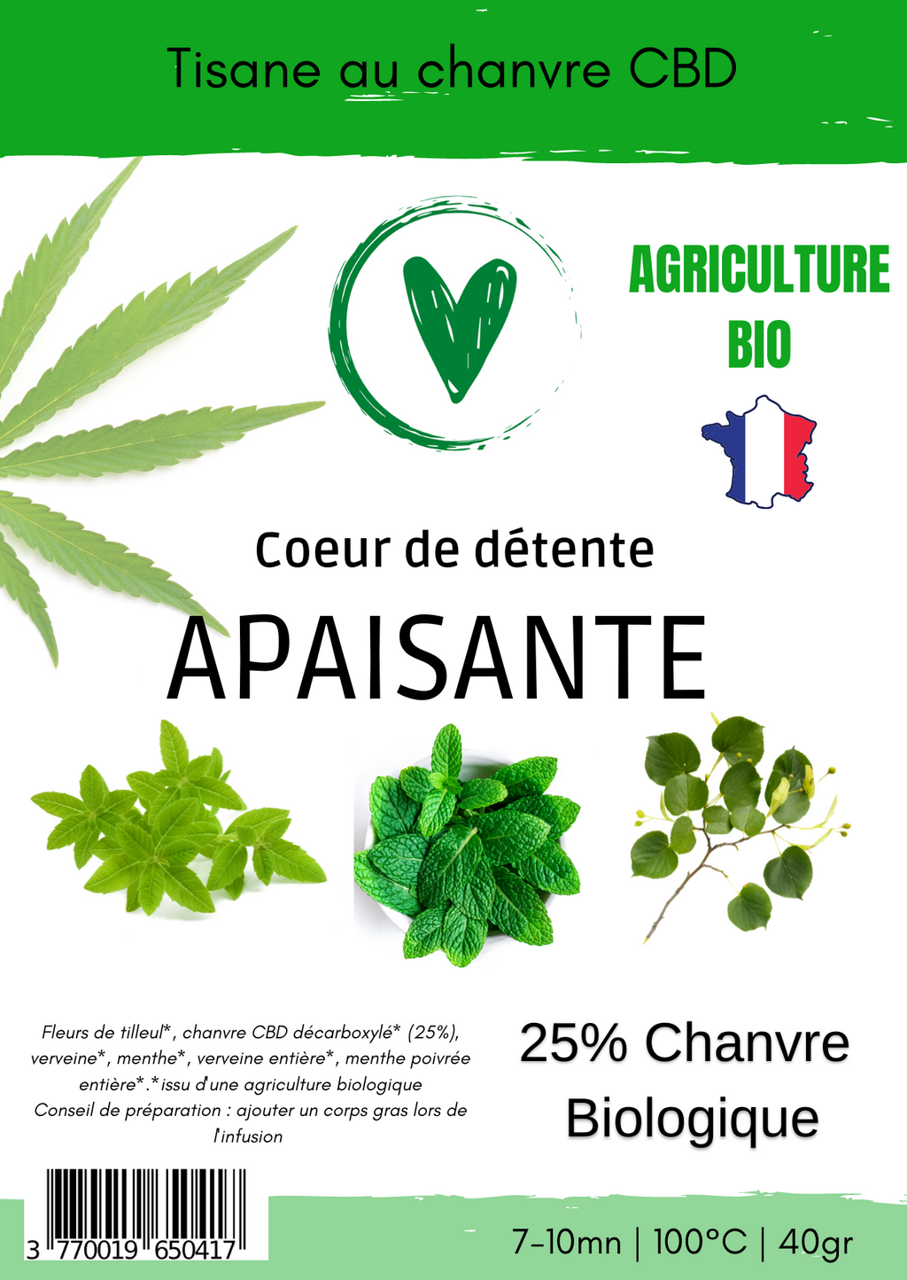 Infusion Tisane de plantes BIO au chanvre CBD 25% | APAISANTE