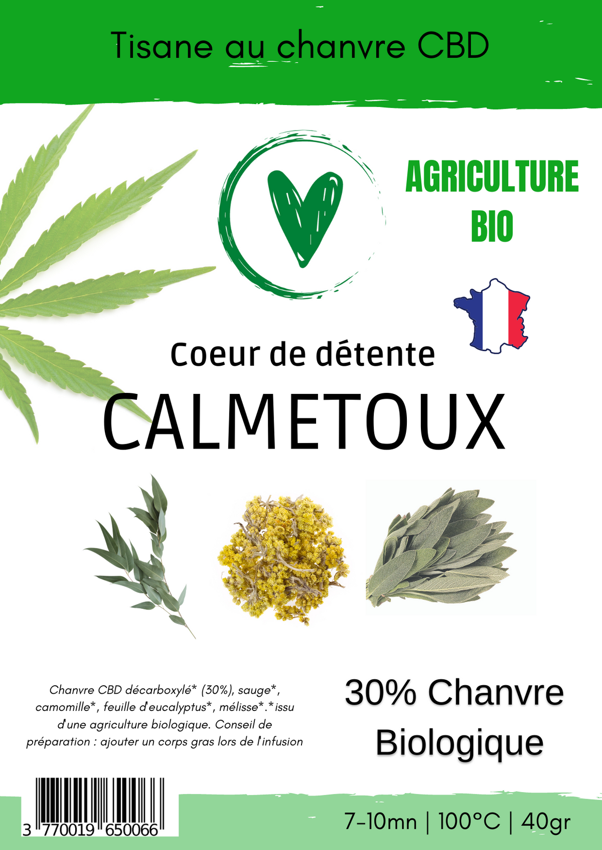 Infusion CBD Tisane de plantes BIO au chanvre CBD 25% | Calmetoux