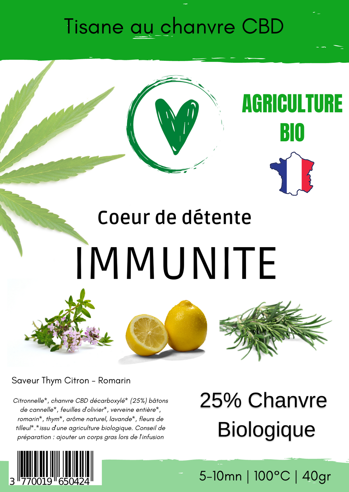Infusion CBD Tisane de plantes Bio au chanvre CBD 25% | Immunité - Citron Thym Romarin