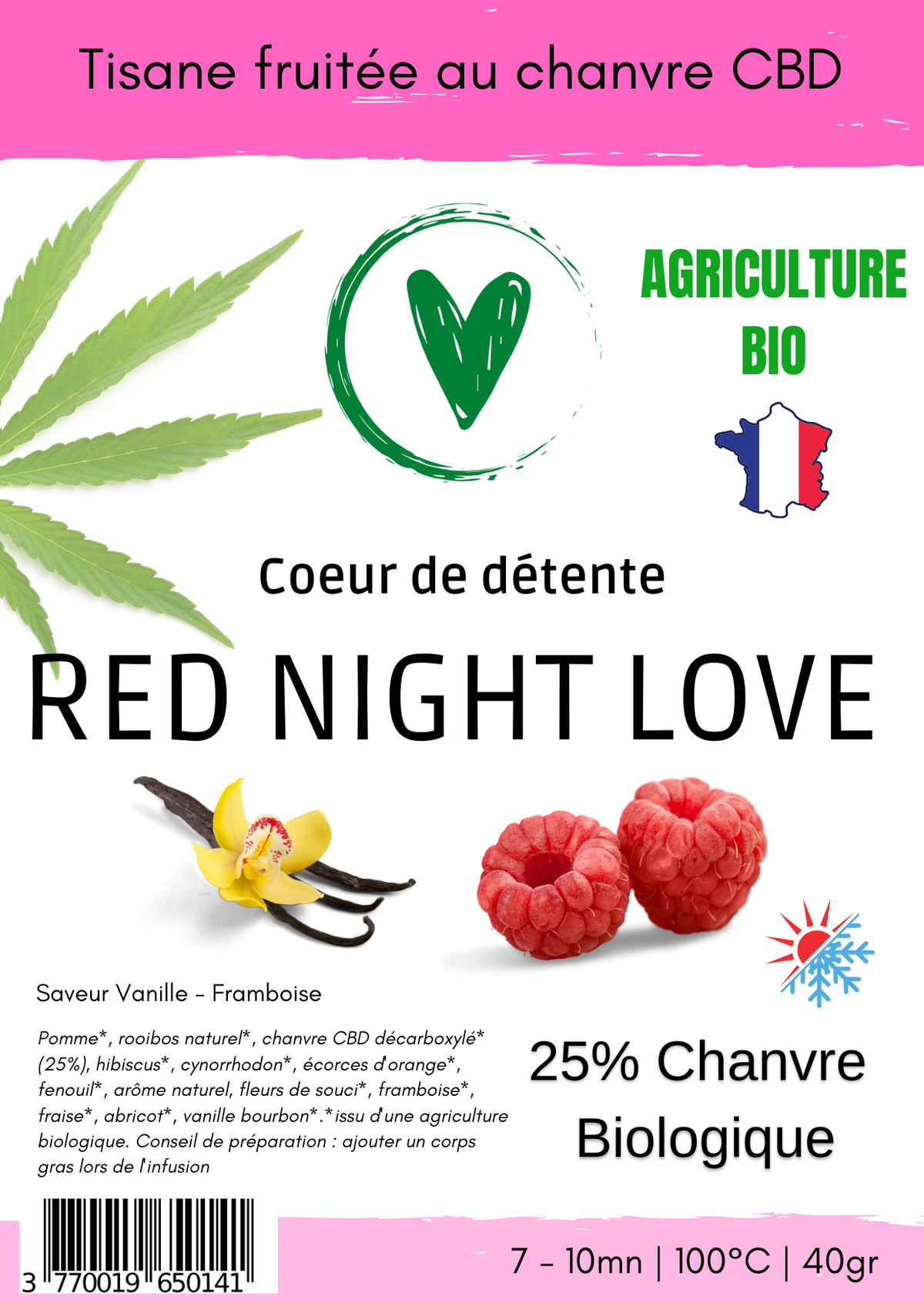 Infusion CBD Tisane fruitée Bio au chanvre CBD 25% | Red night love - Vanille framboise